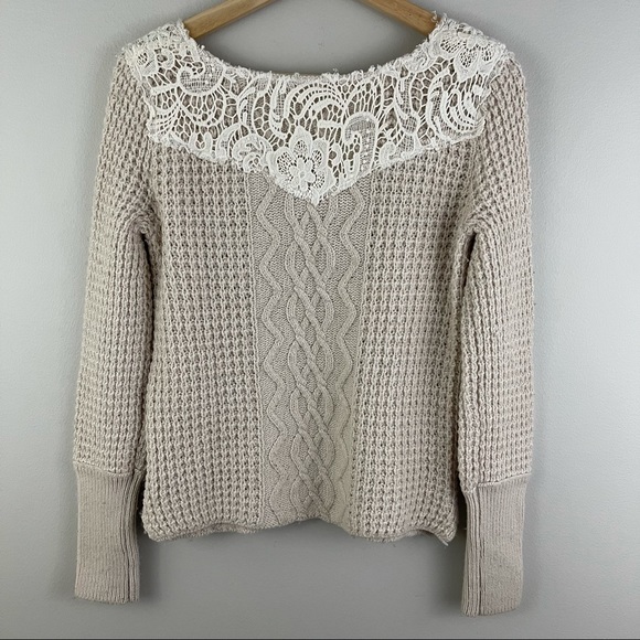 FREE PEOPLE Ivory Creme Aurora Jewel Embellished Lace Trim Wool Knit Sweater - Picture 5 of 12